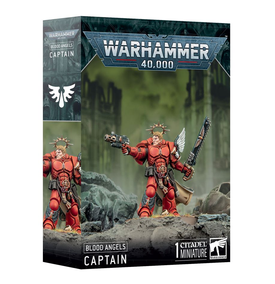Warhammer 4000 Blood Angels Captain model kit box with 29 plastic components and Citadel base.