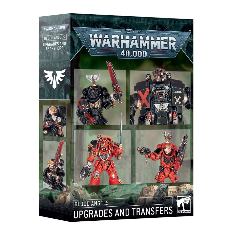 Blood Angels upgrades and transfers for Warhammer 40K, featuring detailed decals and miniature accessories from Games Workshop.
