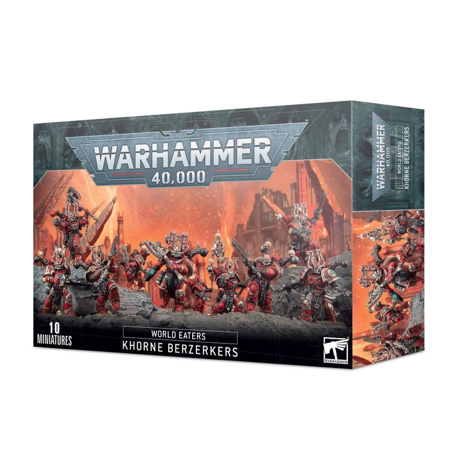 Warhammer 40K World Eaters Khorne Berzerkers box with miniatures and components.