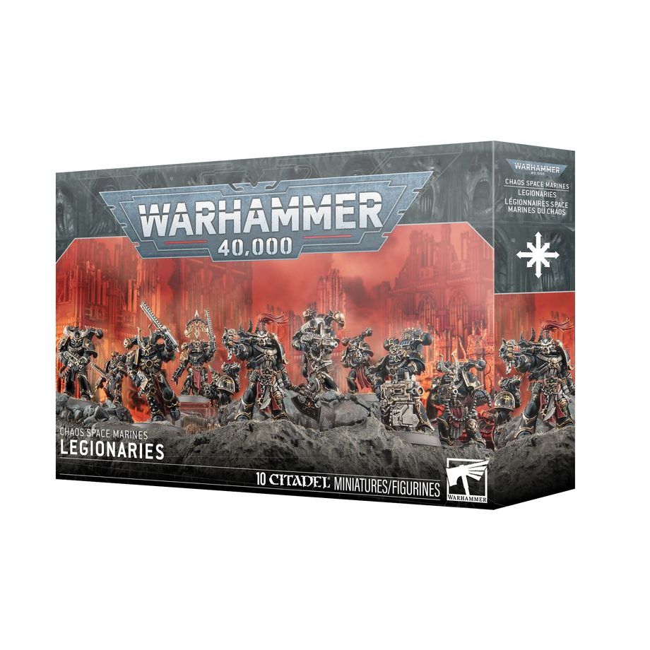 Chaos Space Marines Legionaries from Warhammer 40K by Games Workshop, featuring detailed armor and weaponry in a battle stance.