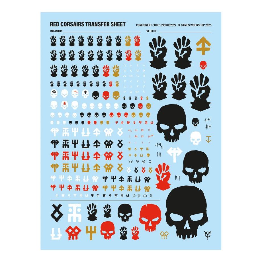 Chaos Space Marines Red Corsairs upgrades and transfers sheet, featuring detailed decals and transfer designs for tabletop gaming.