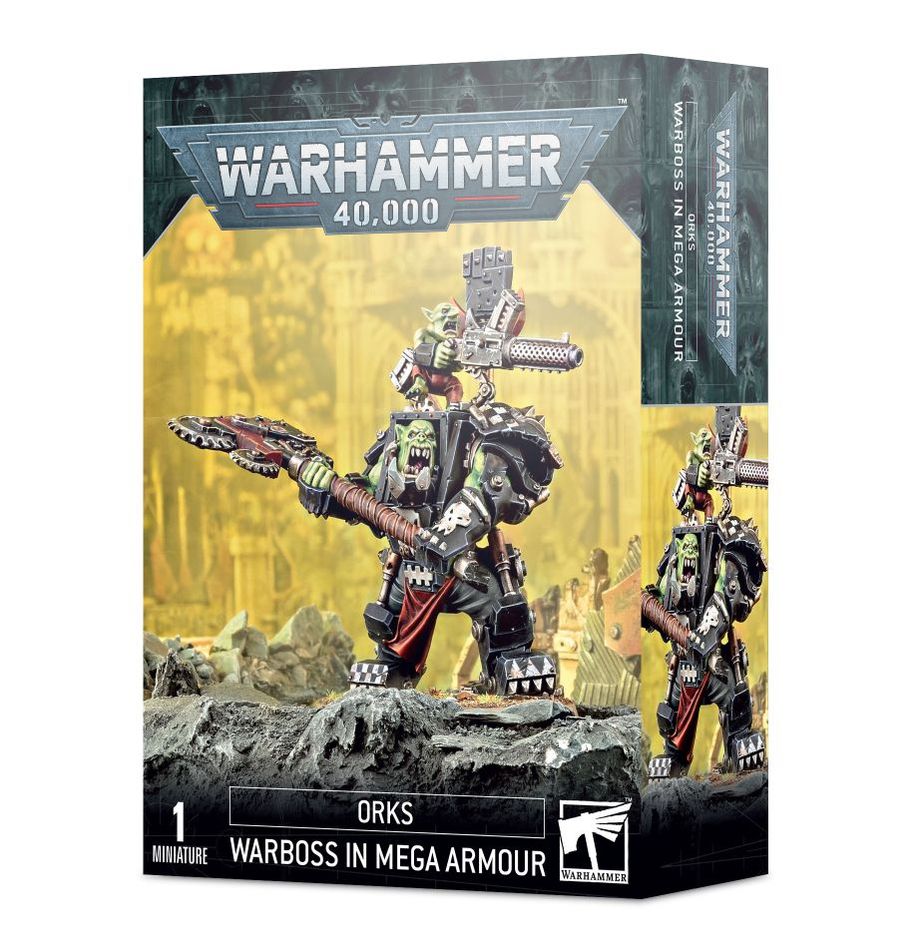 Warhammer 40000 Orks Warboss in Mega Armour model kit box.