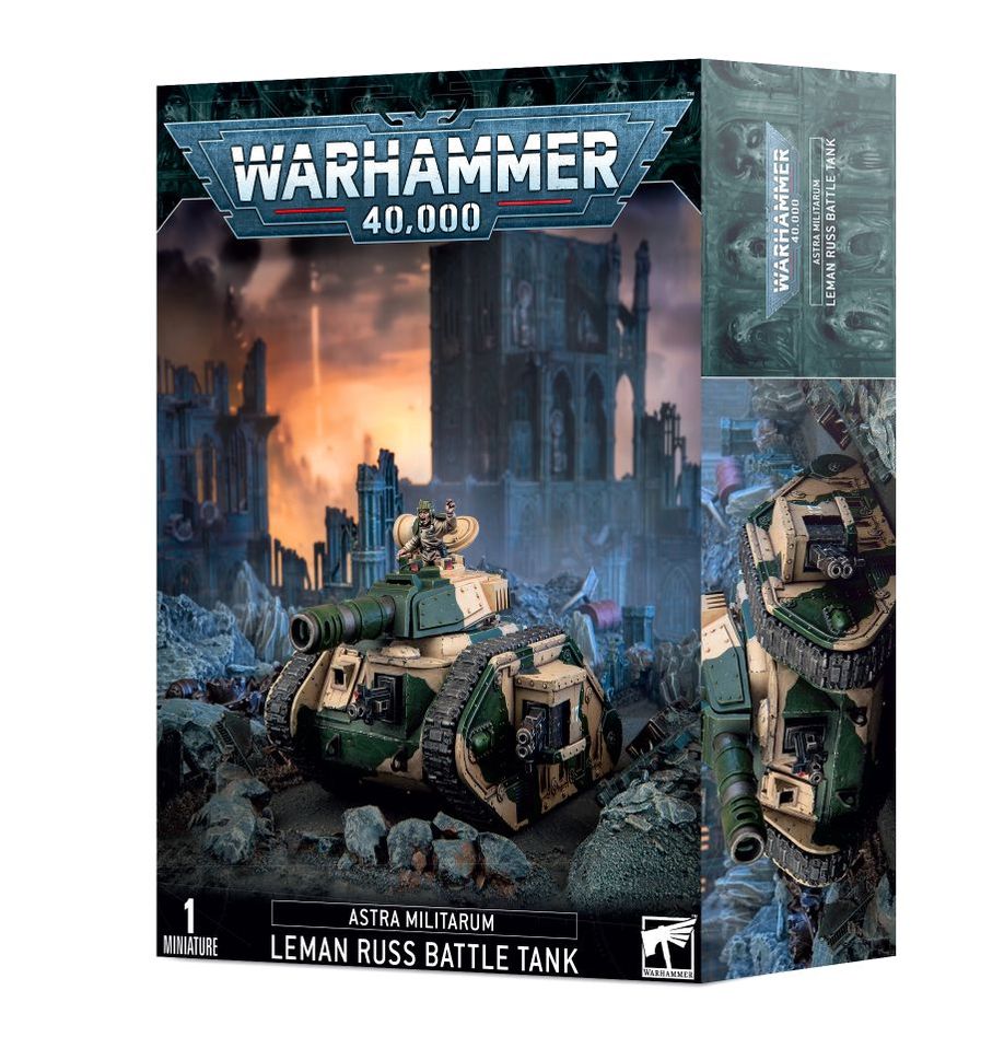 Warhammer 40000 Astra Militarum Leman Russ Battle Tank model kit with customizable options and transfer sheet.
