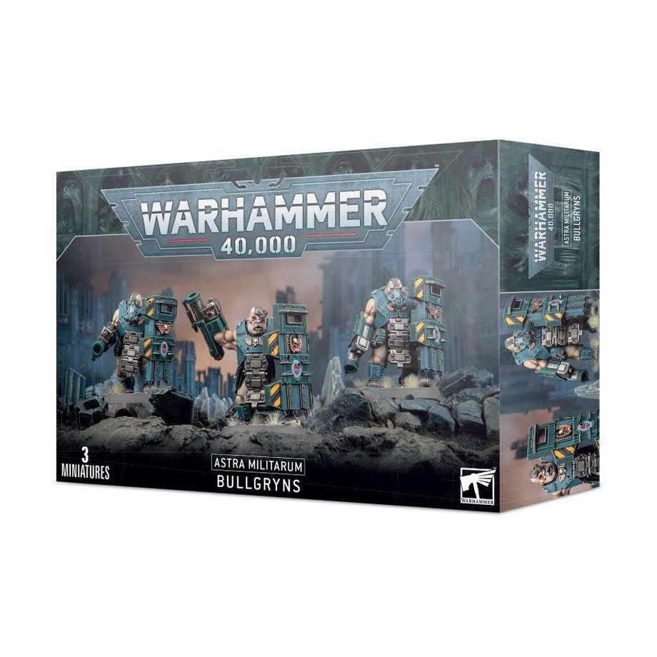 A group of Astra Militarum Bullgryns/Ogryns in power armor, ready for battle, posed with weapons and gear on a battlefield.