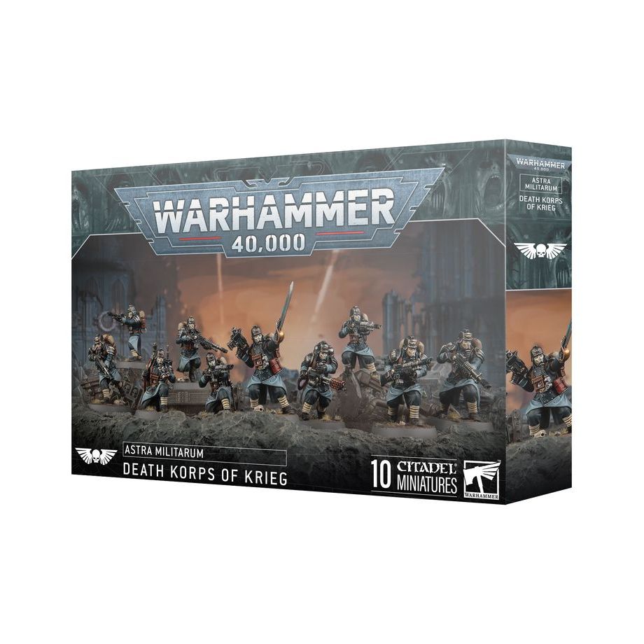 Death Korps of Krieg Astra Militarum infantry squad from Games Workshop, featuring soldiers in combat gear and distinctive uniforms.