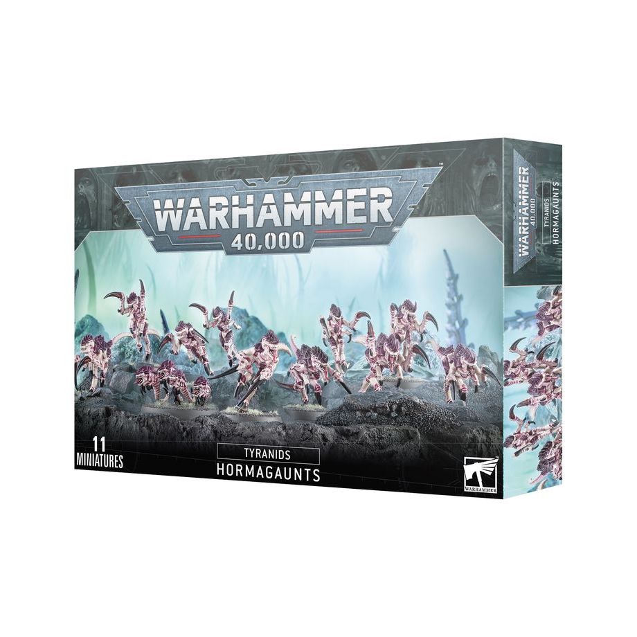 Group of Hormagaunts Tyranids miniatures from Games Workshop, featuring insectoid alien warriors with multiple limbs and sharp claws.