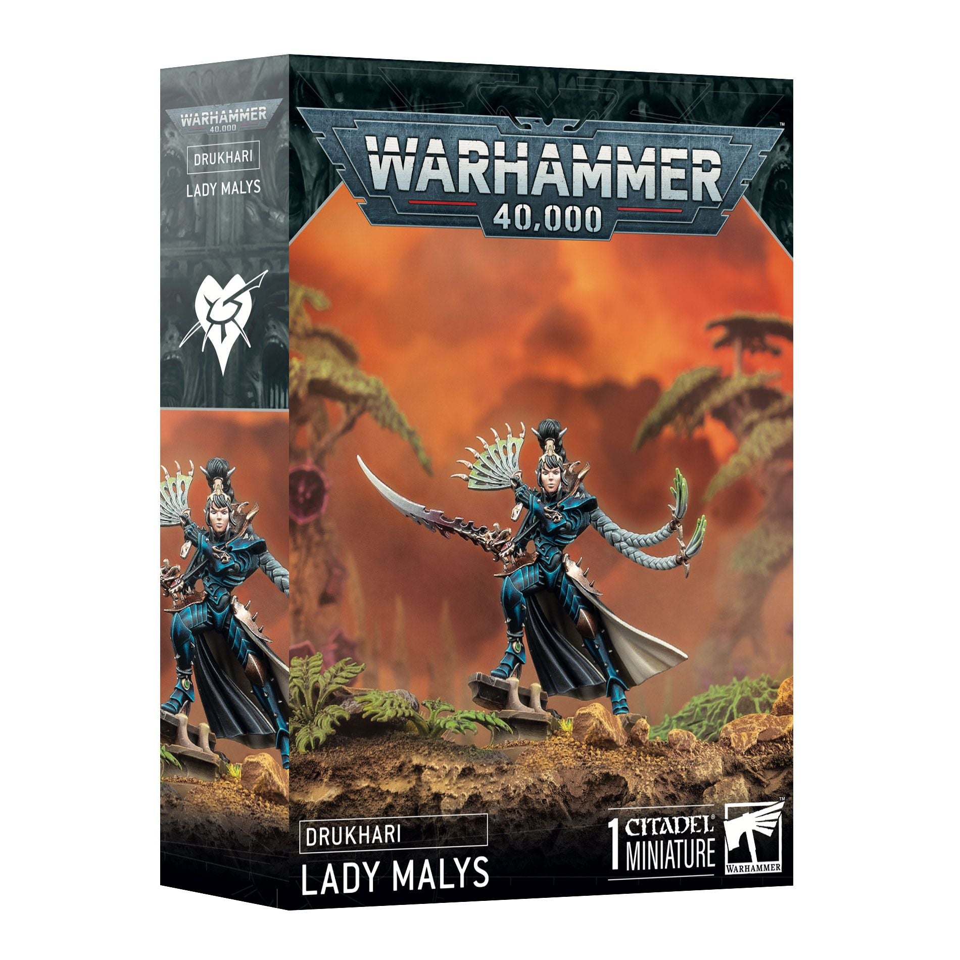 Detailed image of Drukhari Lady Malys miniature by Games Workshop, showcasing her intricate armor and sinister pose.