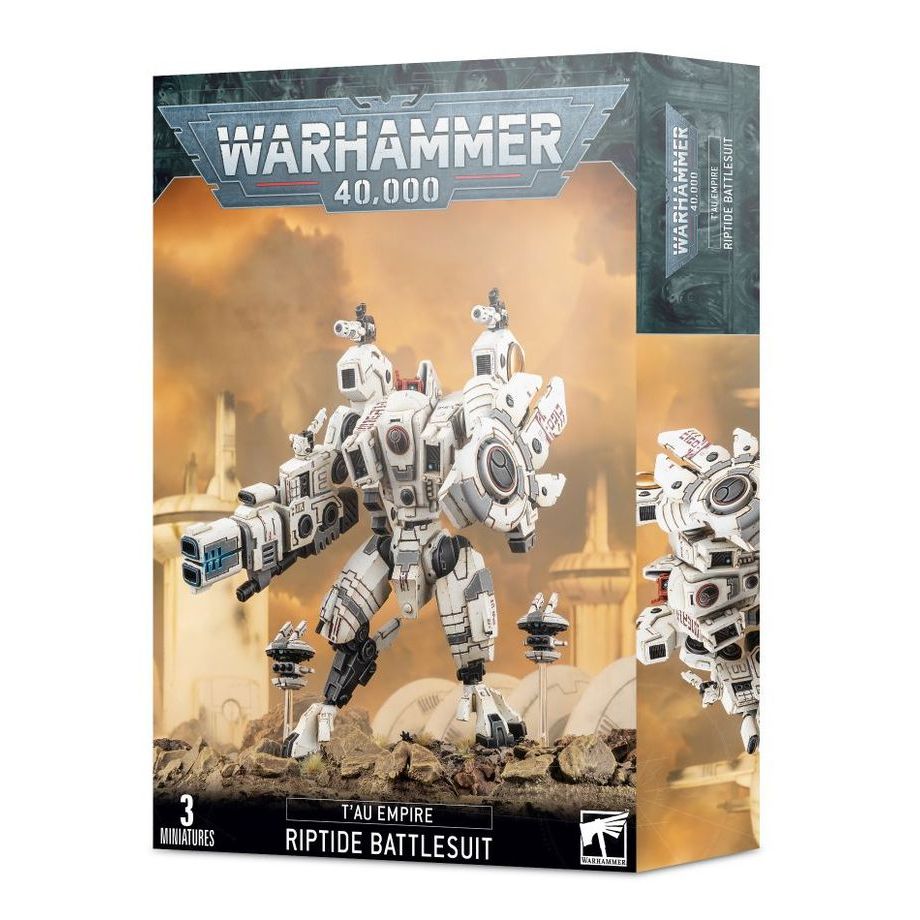 T’au Empire Riptide Battlesuit from Games Workshop, detailed model with blue armor, weaponry, and mechanical design for Warhammer 40K.
