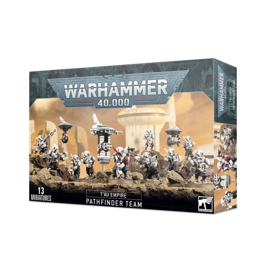 Warhammer 40000 T'au Empire Pathfinder Team box set with miniatures and drones.