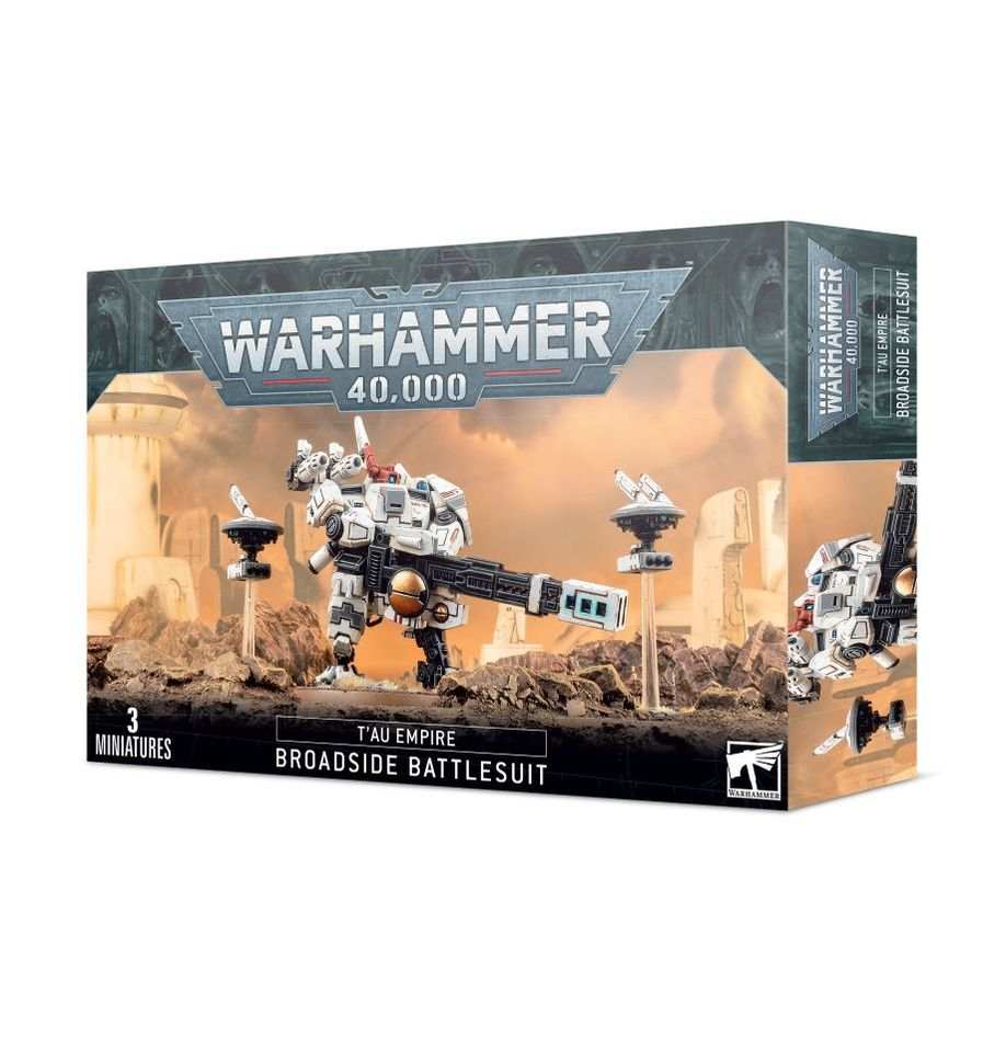 Warhammer 40000 T'au Empire XV88 Broadside Battlesuit box with components and transfer sheet, unpainted and requires assembly.
