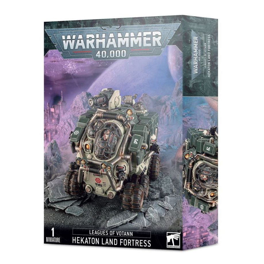 Hekaton Land Fortress from Leagues of Votann by Games Workshop, featuring a detailed, futuristic military fortress with armored structures.