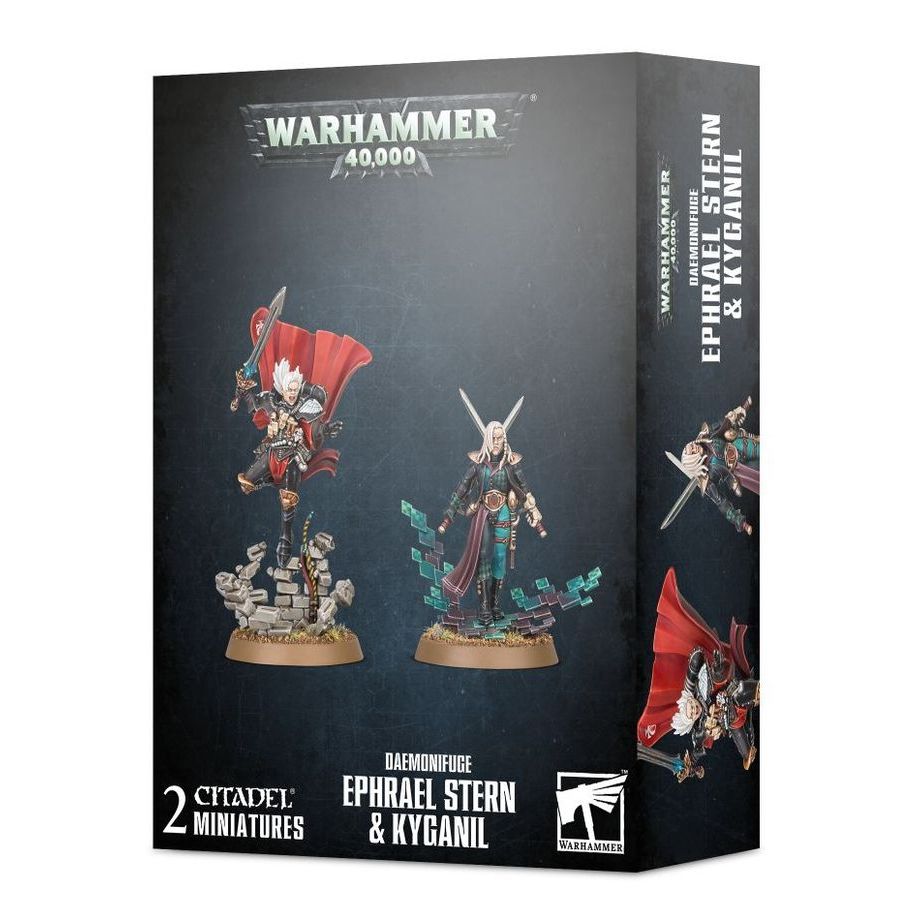 Ephrael Stern and Kyganil miniatures from Daemonifuge set, Adepta Sororitas models by Games Workshop, detailed painted figures on display.