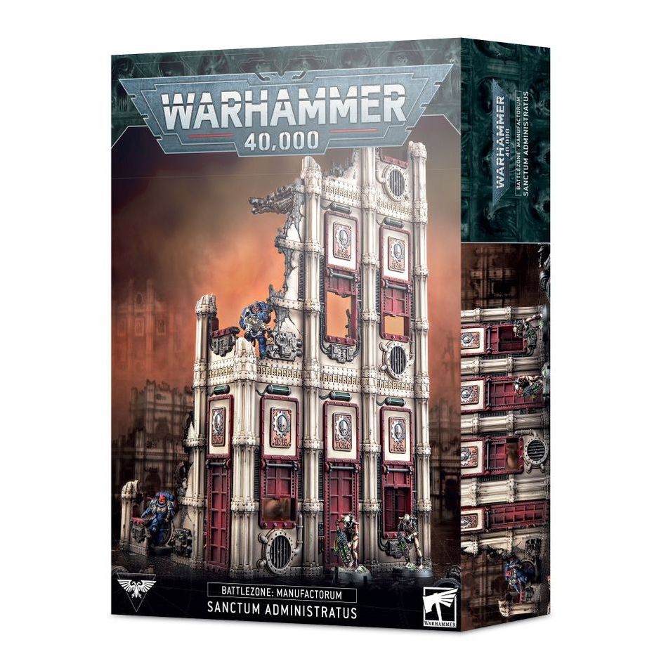 Close-up of the Battlezone Manufactorum Sanctum Administratus model by Games Workshop, showing detailed sci-fi architectural elements.