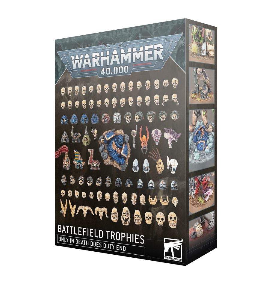 Warhammer 40000 Battlefield Trophies box showcasing various helmeted heads and skull components.