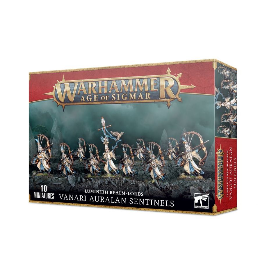 Warhammer Age of Sigmar Lumineth Realm-Lords Vanari Auralan Sentinels miniature kit with customizable archers.