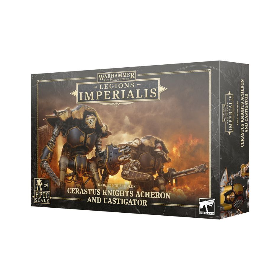 Details of Cerastus Knights Acheron and Castigator miniatures from Legions Imperialis by Games Workshop, shown on a gaming base.