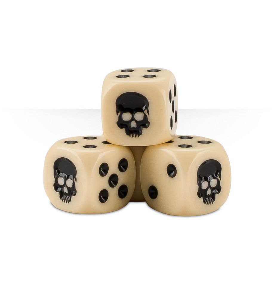 Warhammer 40000 Dice Set Cube Bone with skull icons and embossed lid.