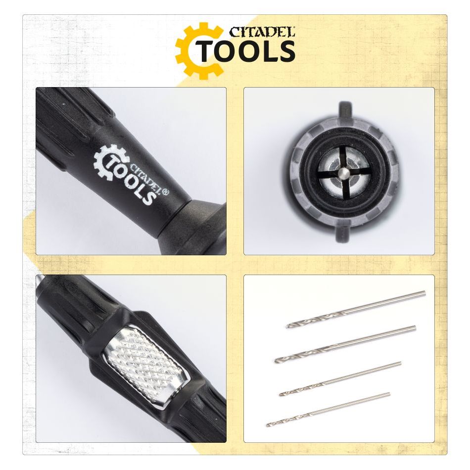Citadel Drill close-up details: the moulded handle, the free-spinning end cap, the knurled grip panel, and the four drill bits