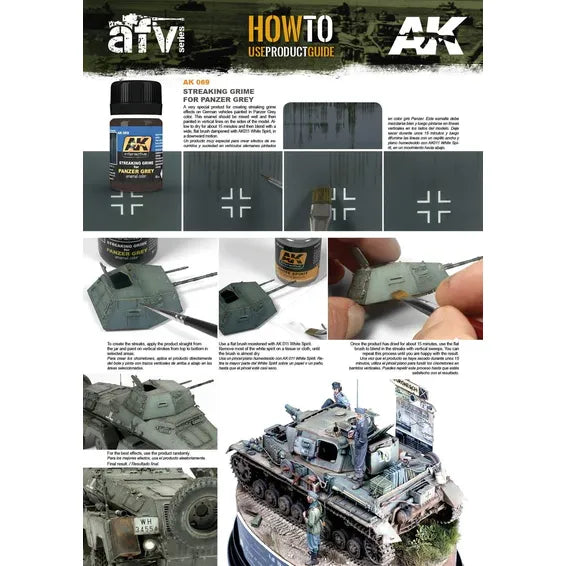 AK Interactive AK069 Weathering Streaking Grime enamel for Panzer Gray vehicles, shown in 35ml bottle with weathered tank model