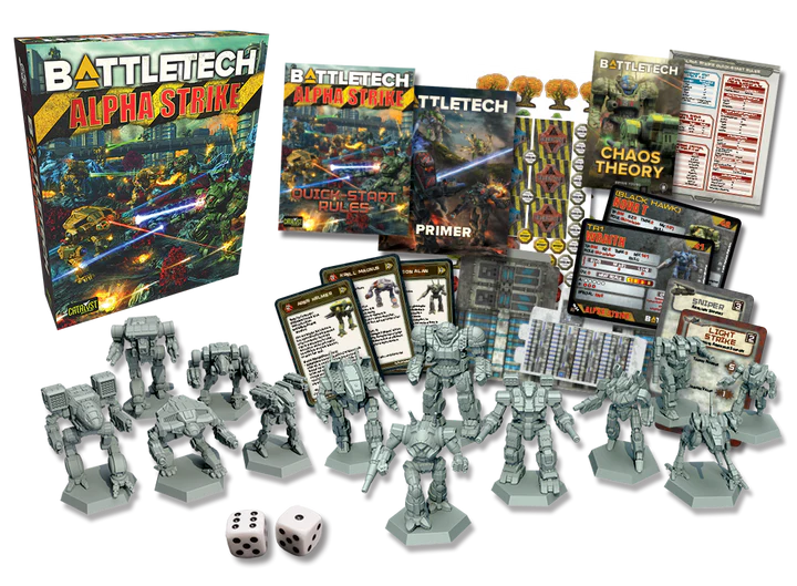 BattleTech: Alpha Strike box set with miniatures, rulebook, cards, and gaming accessories.