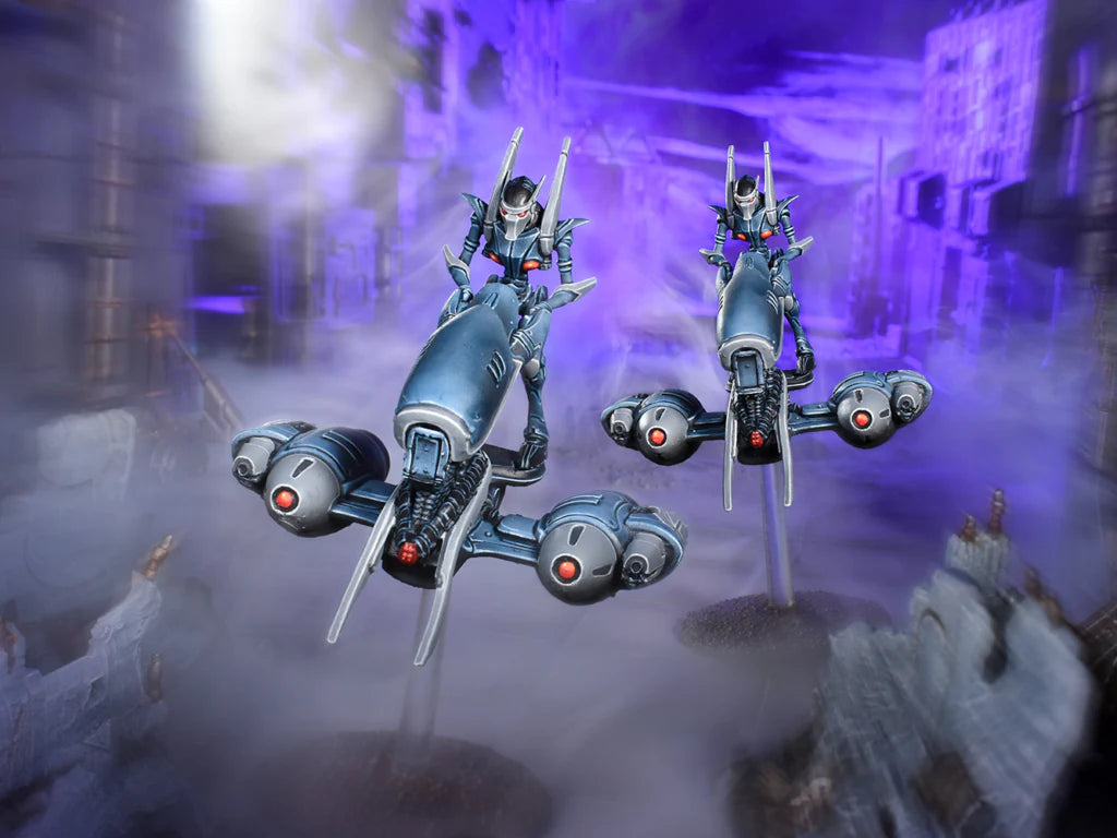 Sleek FireFight Asterian Sky Razors models by Mantic Games, featuring Cypher constructs in a misty landscape.