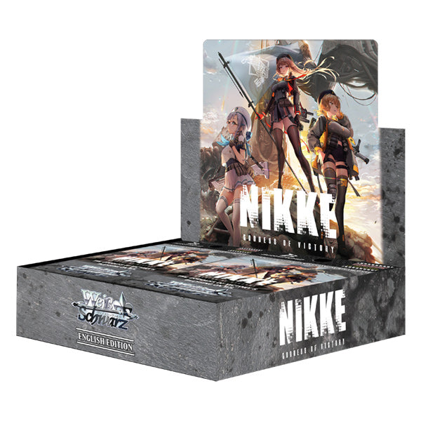 Weiss Schwarz: GODDESS OF VICTORY: NIKKE Booster Display with packs and exclusive playmat.