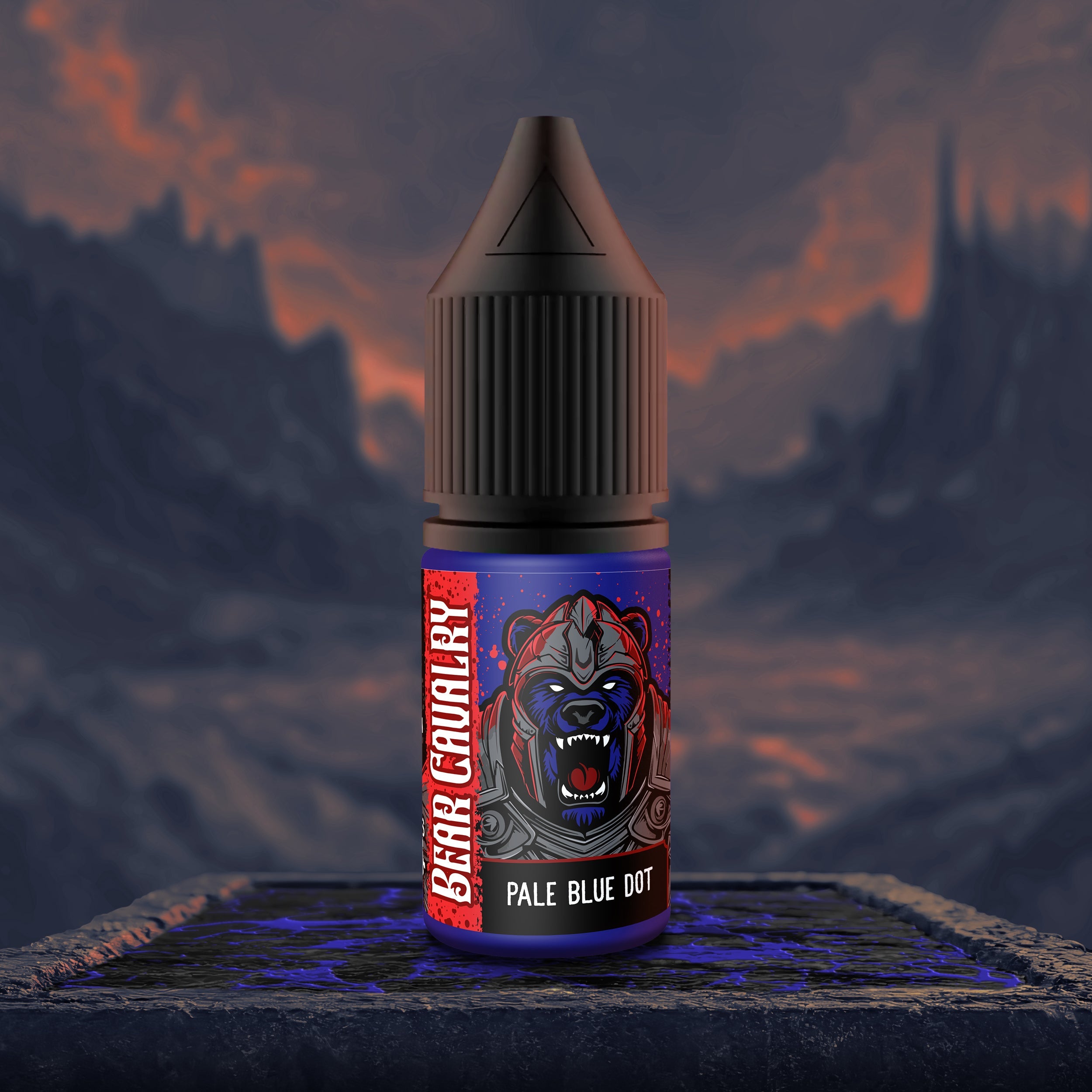 Bear Cavalry Paints Pale Blue Dot 10ml hobby paint bottle on rocky terrain background.