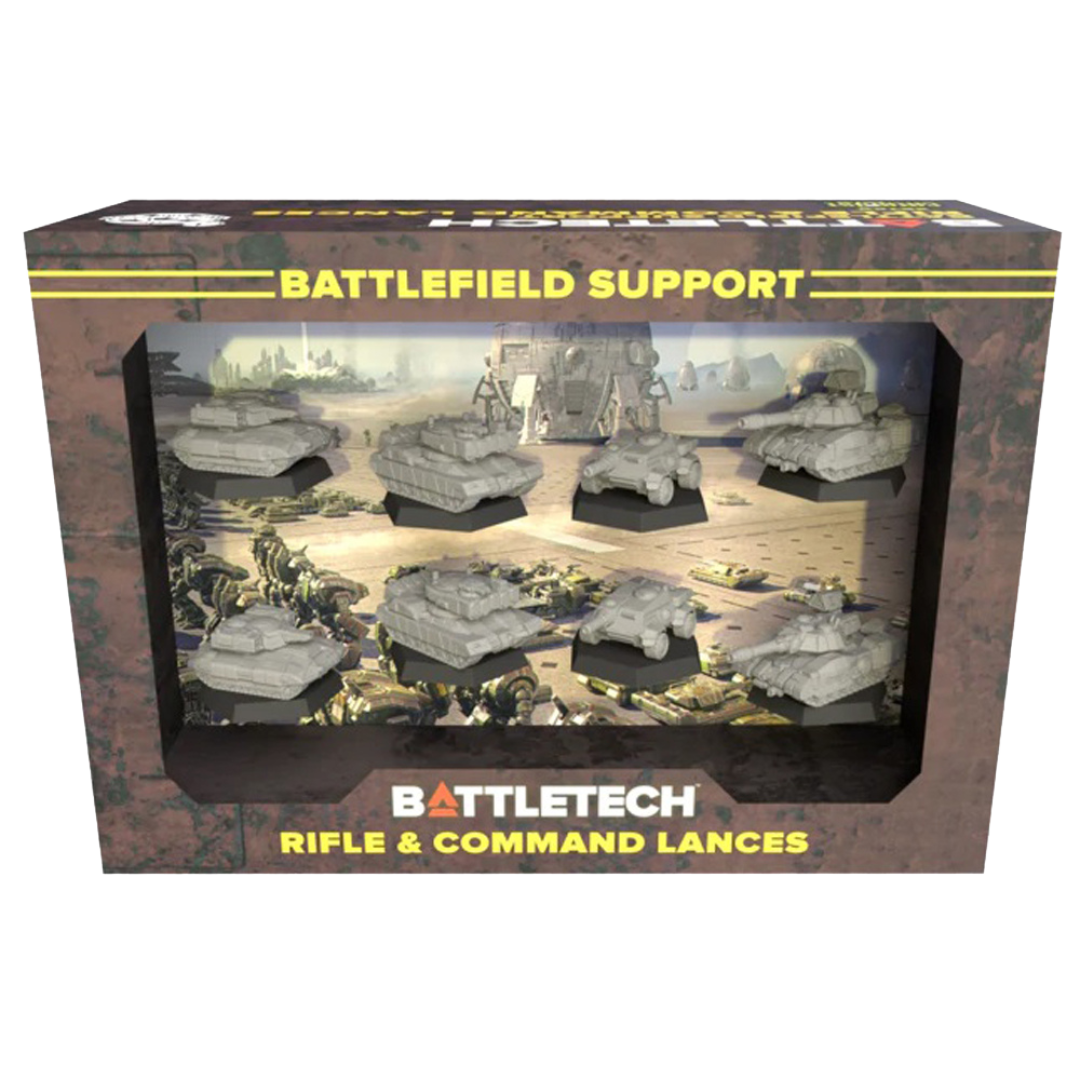 Battlefield Support Rifle and Command Lances ForcePack box for BattleTech, eight unpainted combat vehicle miniatures