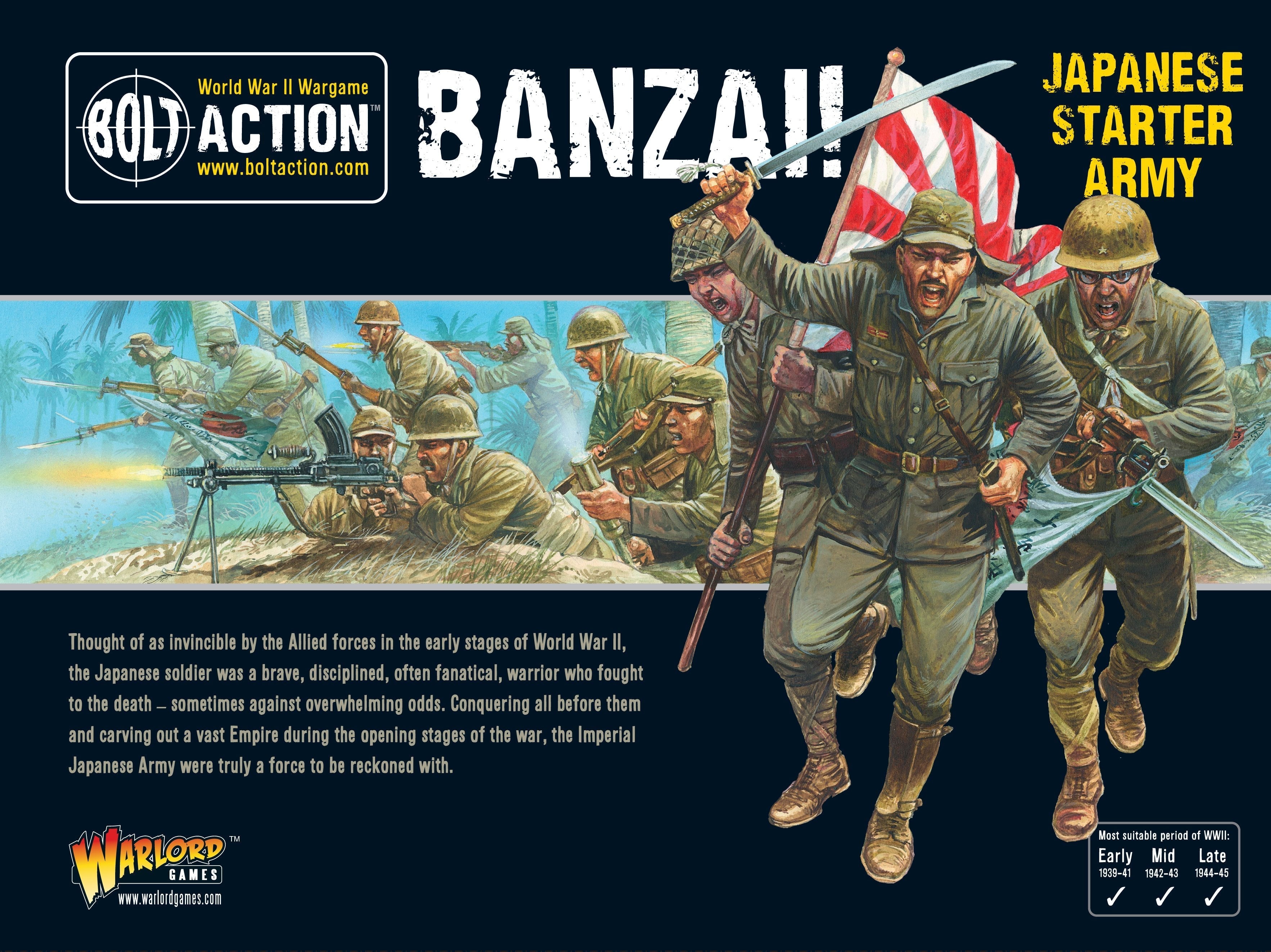 Bolt Action Banzai Japanese Starter Army boxed set featuring soldiers and flag.