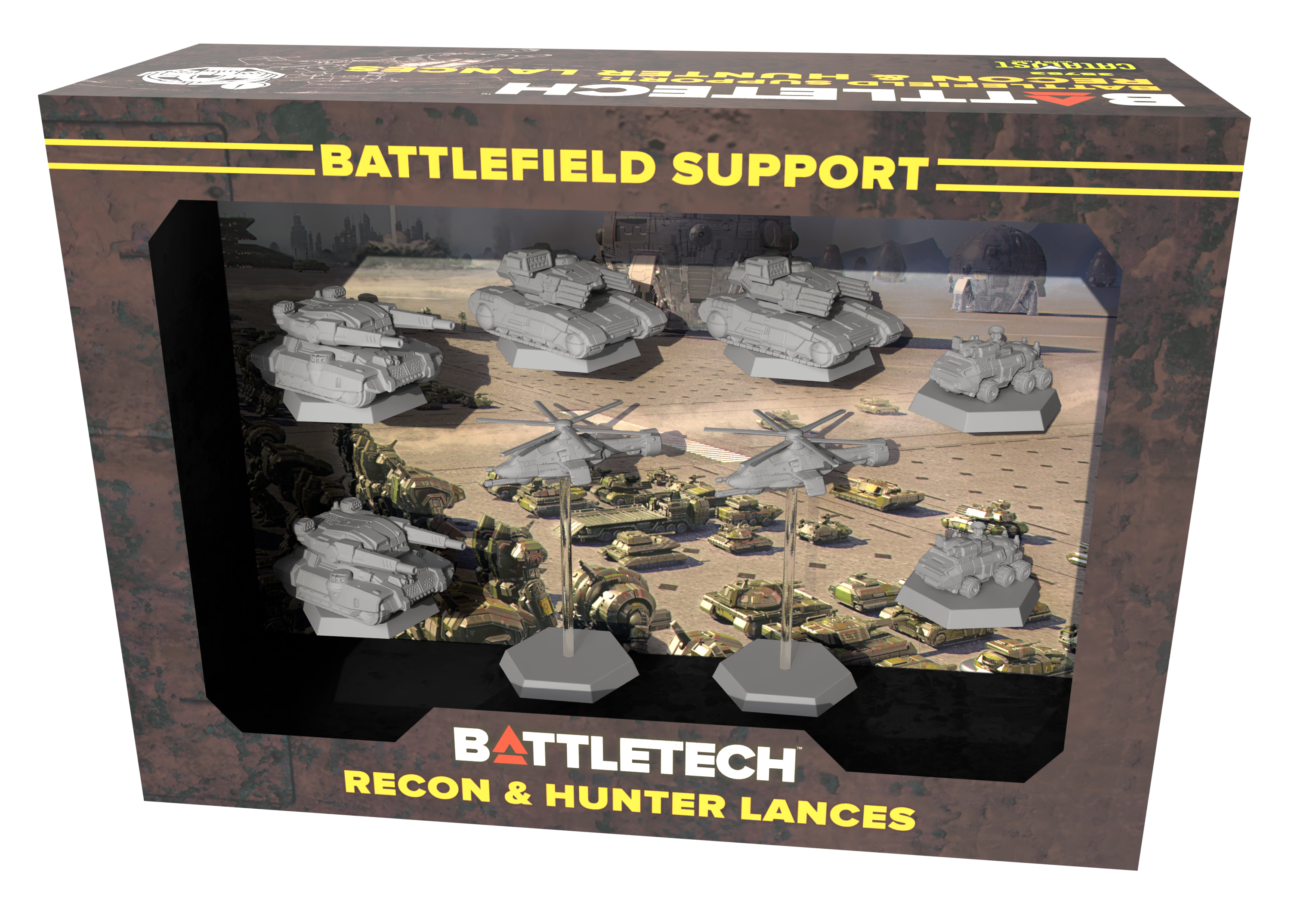Battlefield Support Recon and Hunter Lances ForcePack box for BattleTech, eight unpainted combat vehicle miniatures