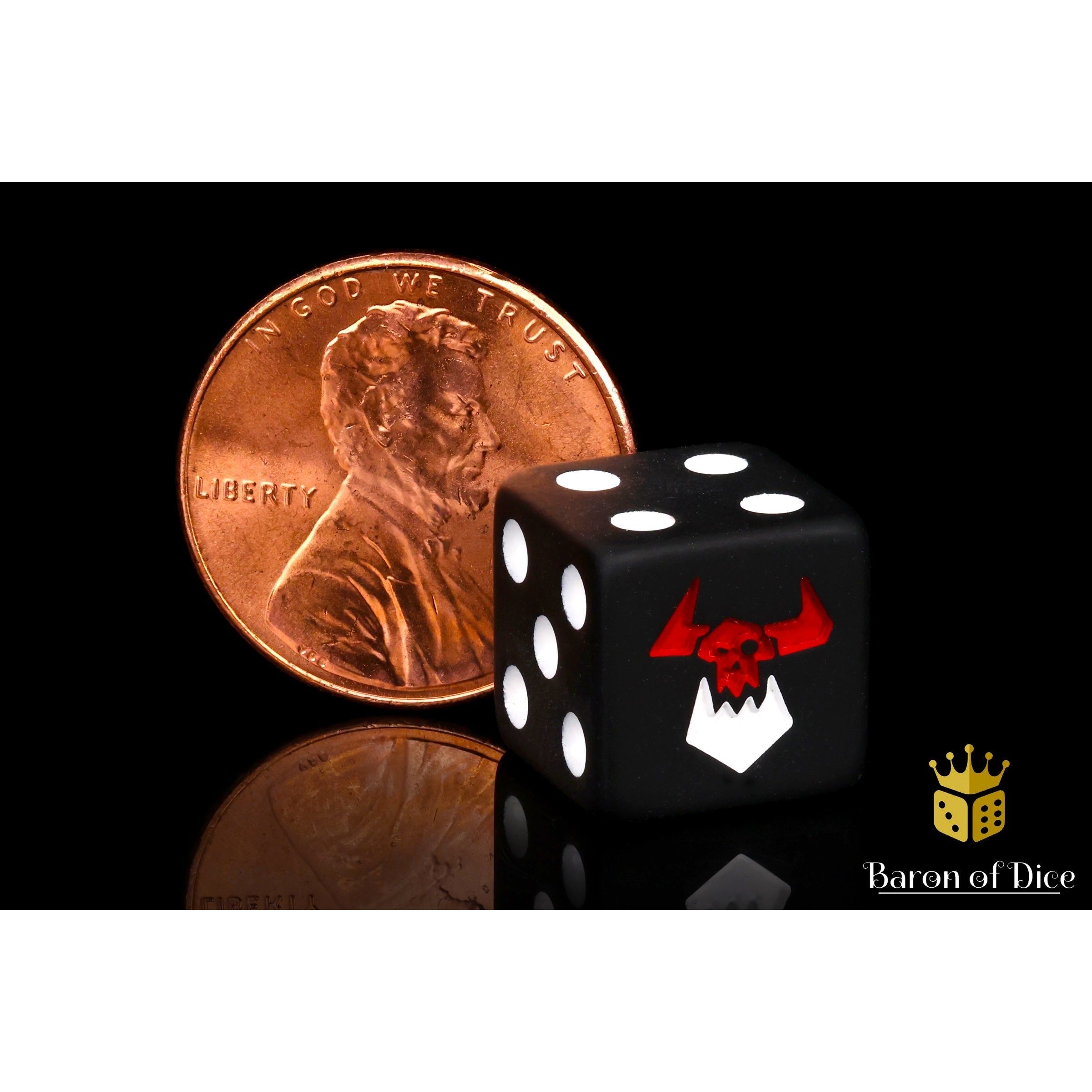 Black Orcs Dice by Baron of Dice — 16mm resin D6 dice, matte black with a two-toned pure white and bloody red inlay (view 3)