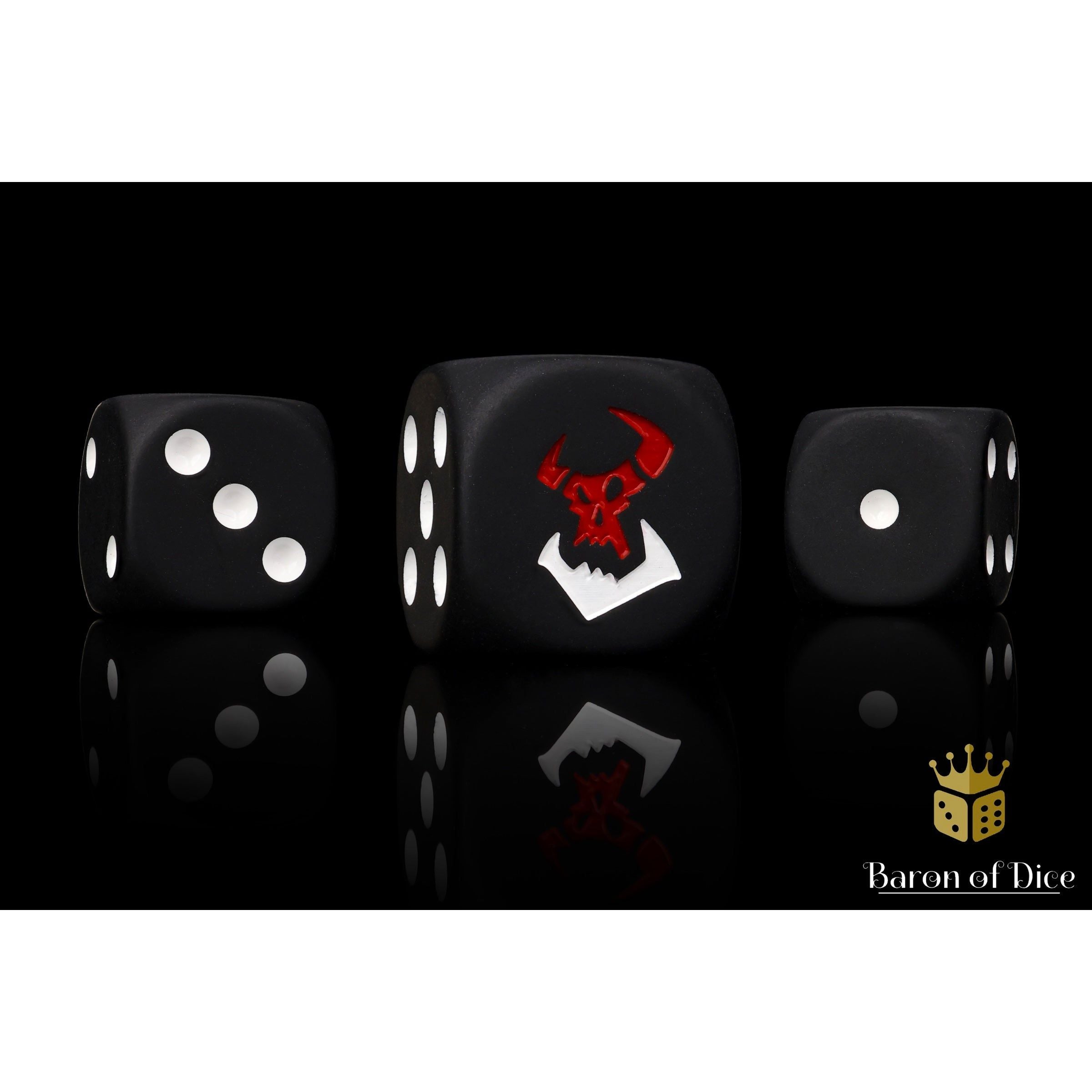 Black Orcs Dice by Baron of Dice — 16mm resin D6 dice, matte black with a two-toned pure white and bloody red inlay (view 4)