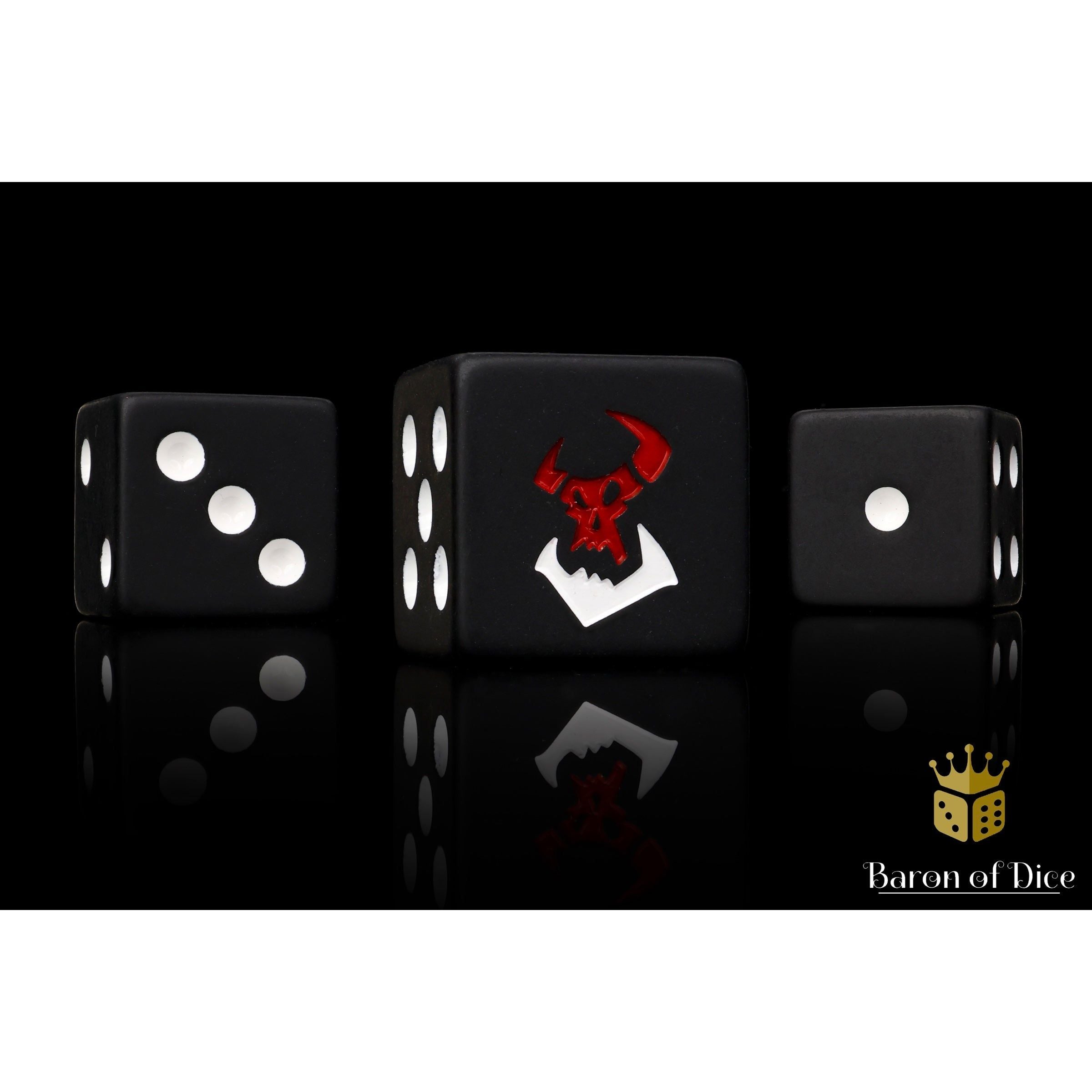 Black Orcs Dice by Baron of Dice — 16mm resin D6 dice, matte black with a two-toned pure white and bloody red inlay (view 5)