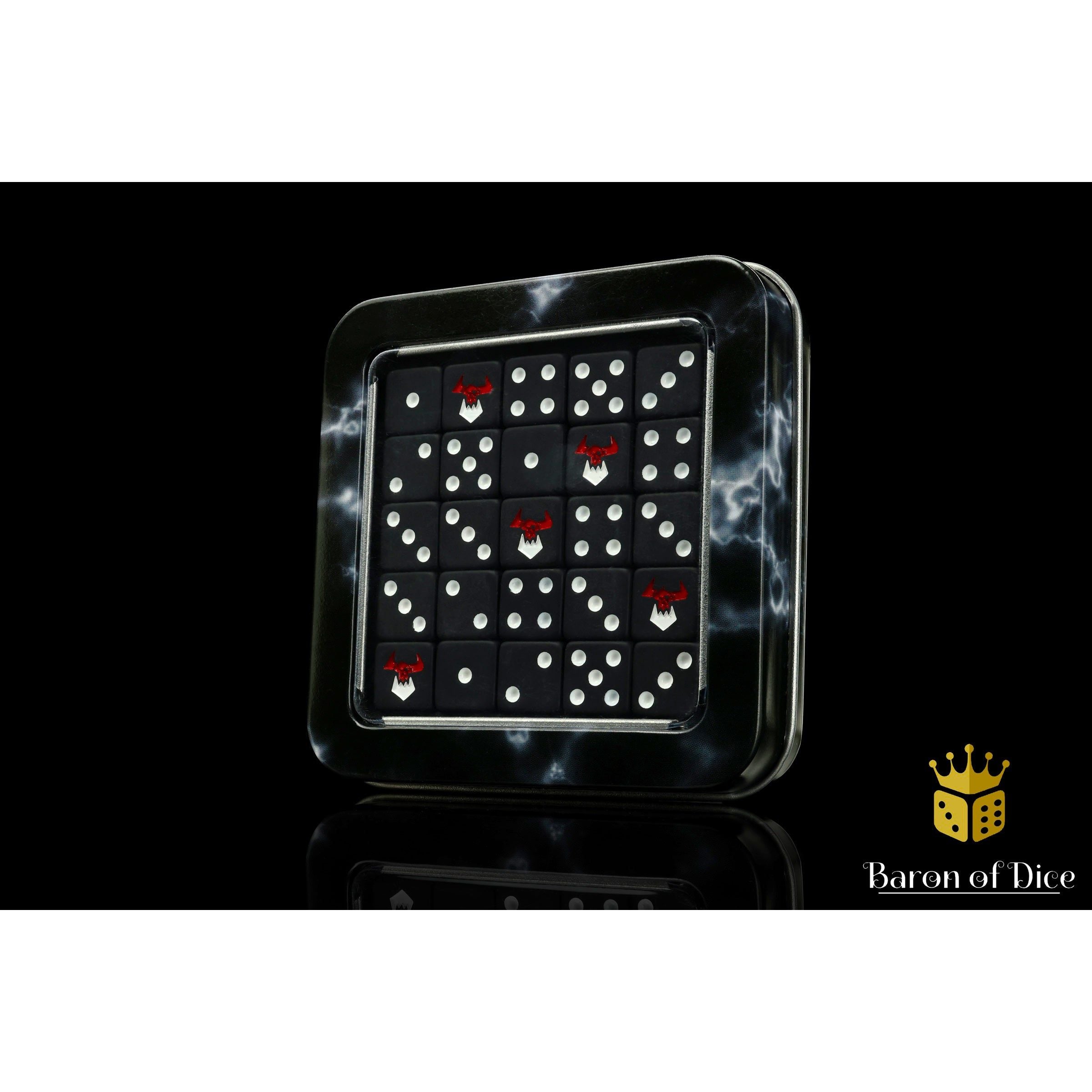 Black Orcs Dice by Baron of Dice — 16mm resin D6 dice, matte black with a two-toned pure white and bloody red inlay (view 7)