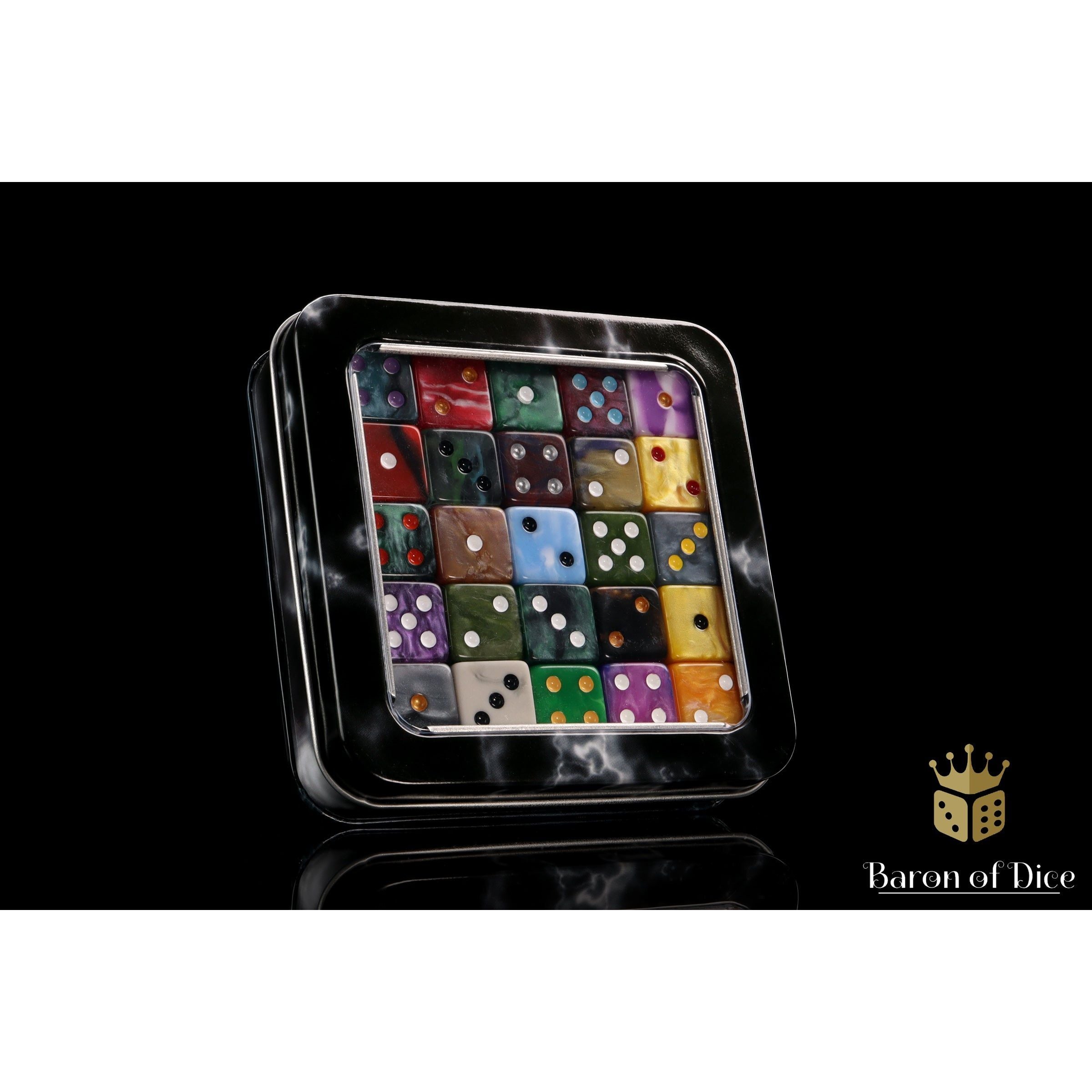 The reusable metal tin the set ships in, closed and full of dice.