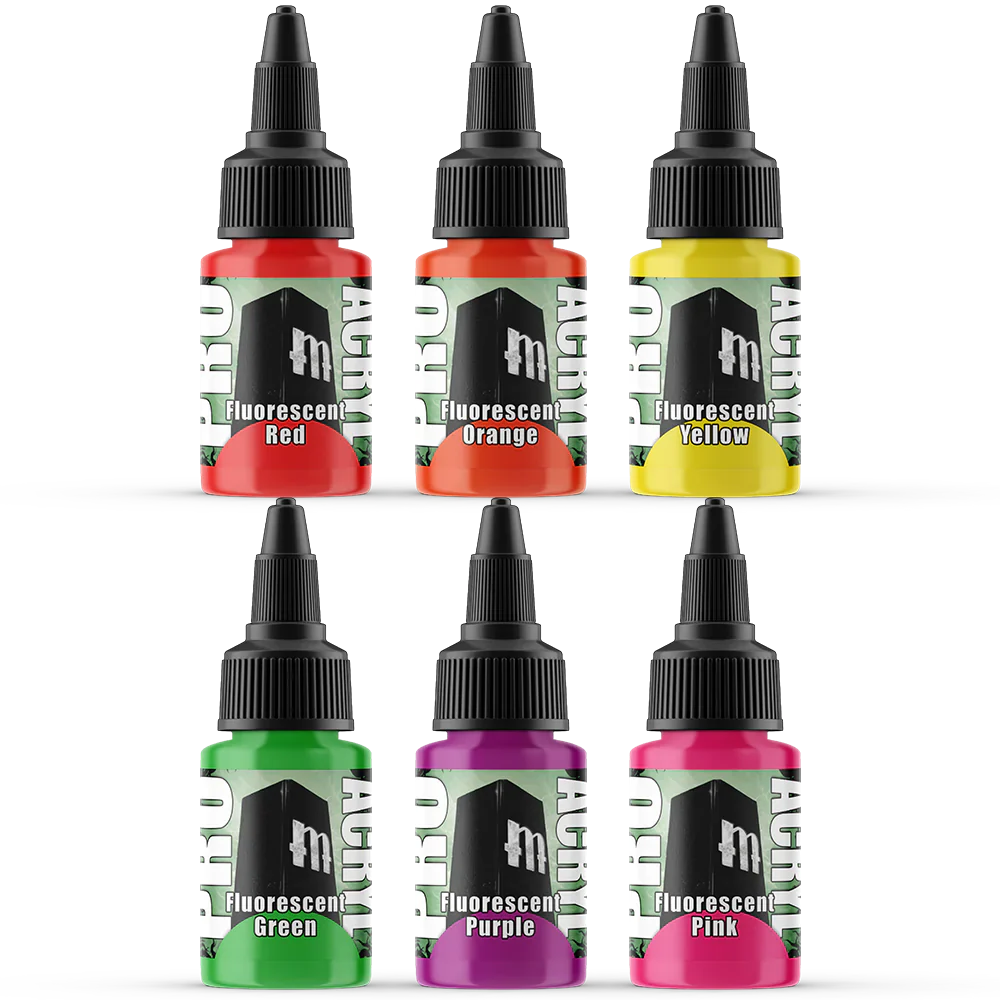 Monument Hobbies Pro Acryl Fluorescents Paint Set in vibrant colors with no-clog cap design, 22ml bottles.