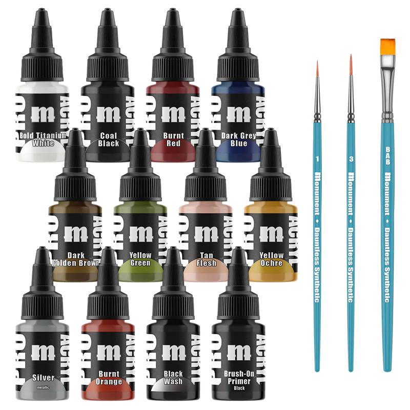 Monument Hobbies PRO Acryl Intro Set featuring various vibrant acrylic paints for model and hobby painting projects.