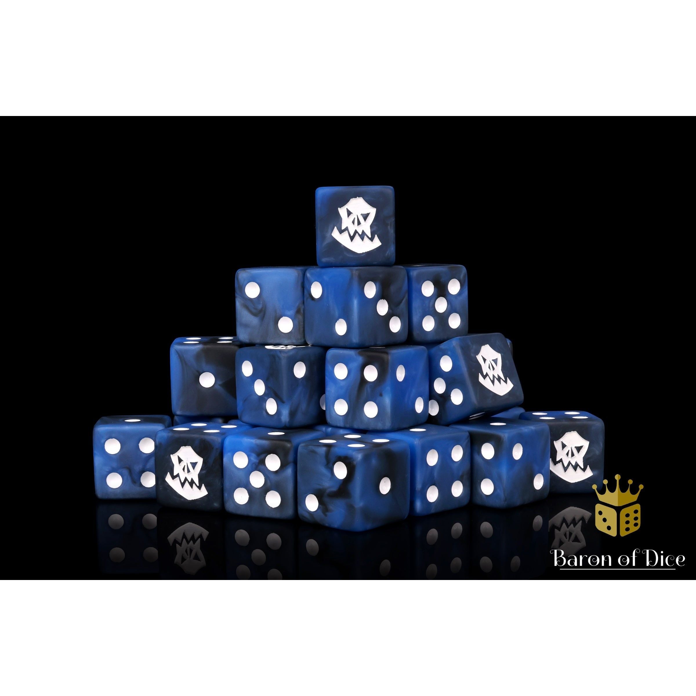 Lucky Blue Orc by Baron of Dice — 16mm resin D6 dice, matte blues over boss blacks with a pure white inlay