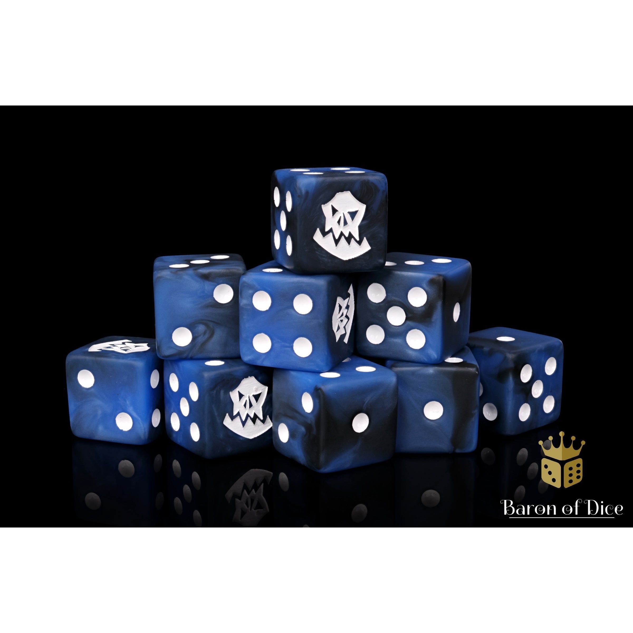 Lucky Blue Orc by Baron of Dice — 16mm resin D6 dice, matte blues over boss blacks with a pure white inlay (view 3)