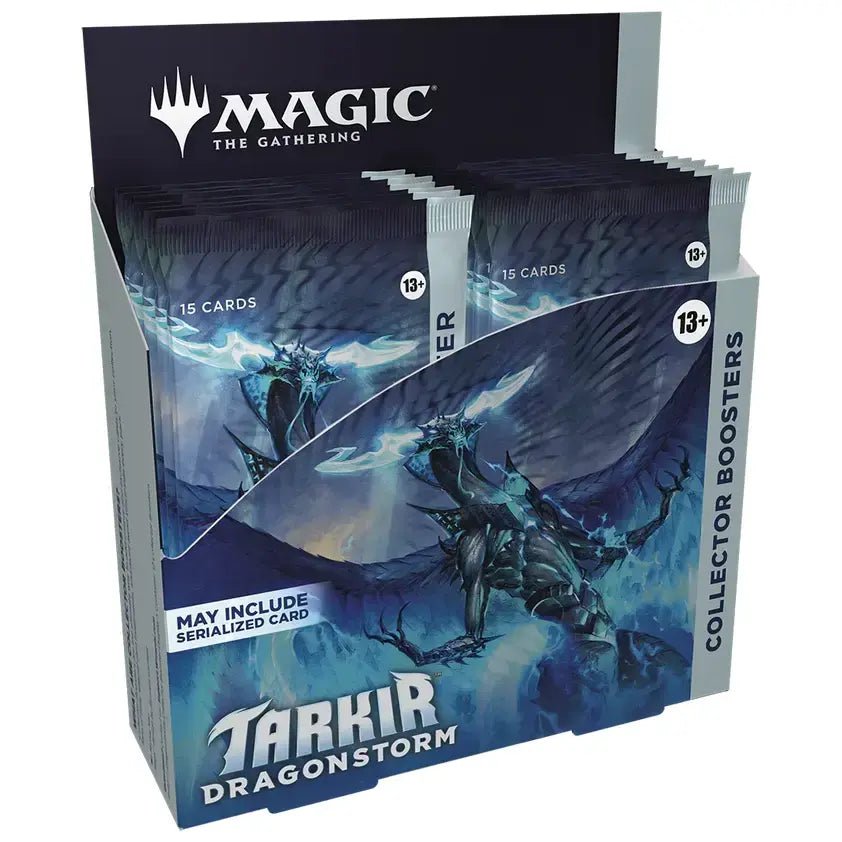 MTG Tarkir: Dragonstorm Collector Booster Box featuring dragons and clans.
