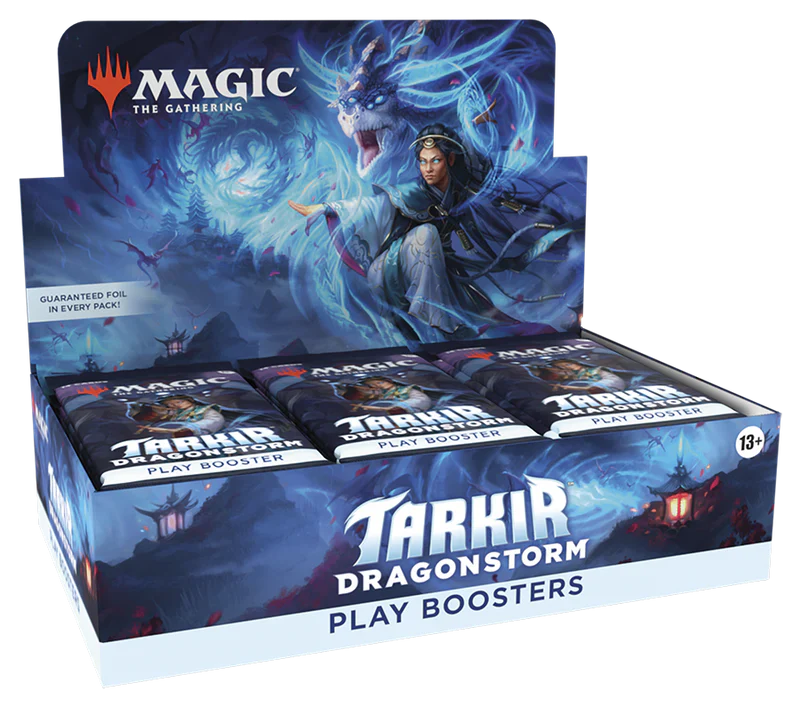 Tarkir: Dragonstorm Play Booster Box featuring Magic: The Gathering cards and dragon-themed artwork.
