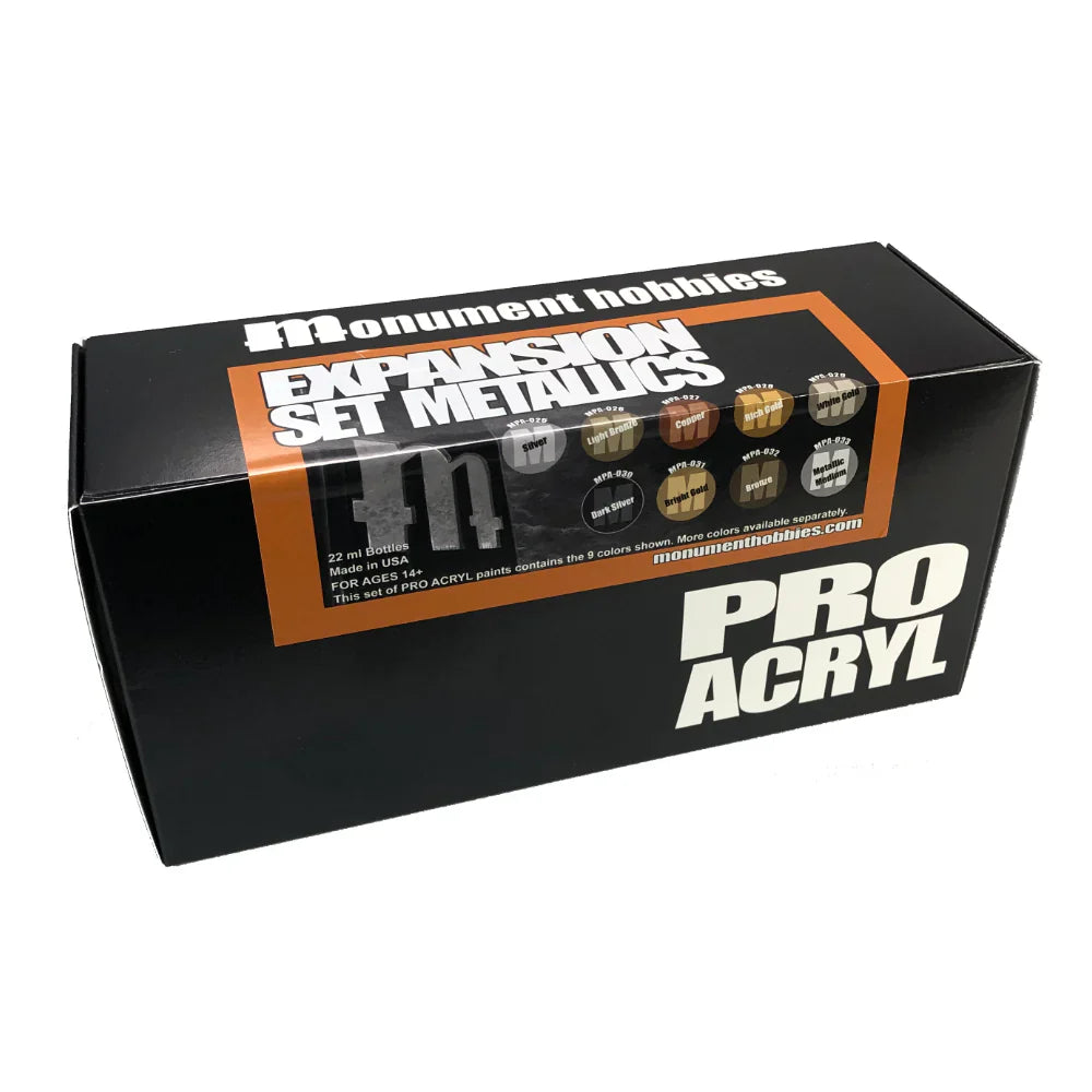 Monument Hobbies Pro Acryl Expansion Set Metallic box with nine metallic colors including bronze, gold, and silver.