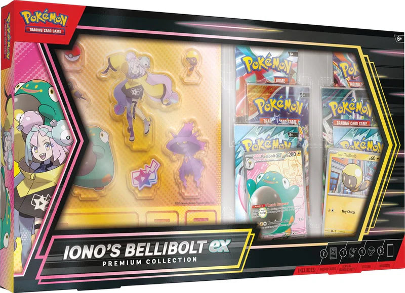 Iono’s Bellibolt ex Premium Collection box with Pokemon TCG items and booster packs.