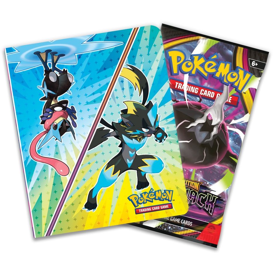 Pokémon TCG Mini Portfolio Q4 2026 with Mega Greninja and Mega Zeraora on the cover, shown with a Pitch Black booster pack