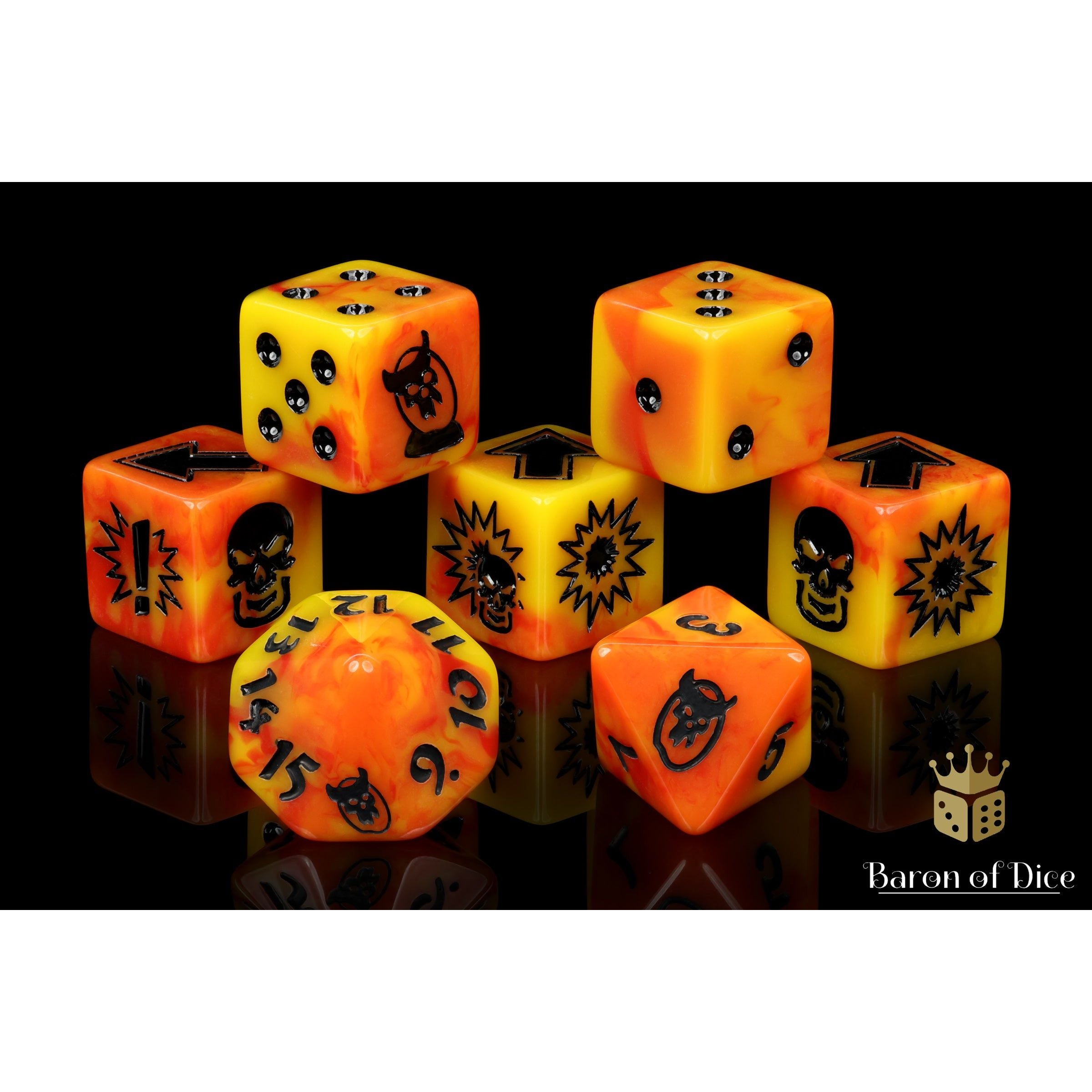 Orange Fire Bloody Football Dice, Orc set of 7 by Baron of Dice — molten reds swirled with bright yellows, pure black inlay