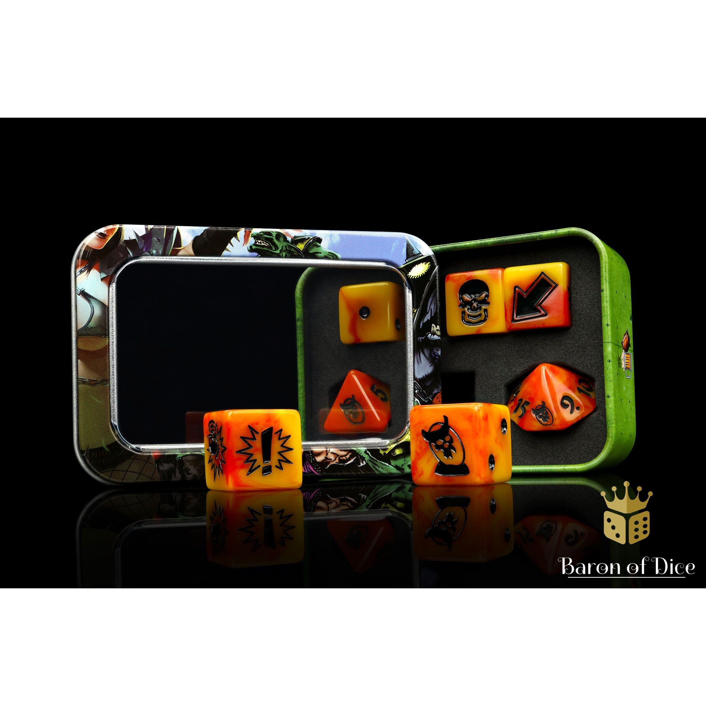 Orange Fire Bloody Football Dice, Orc set of 7 by Baron of Dice — the set in its reusable metal tin