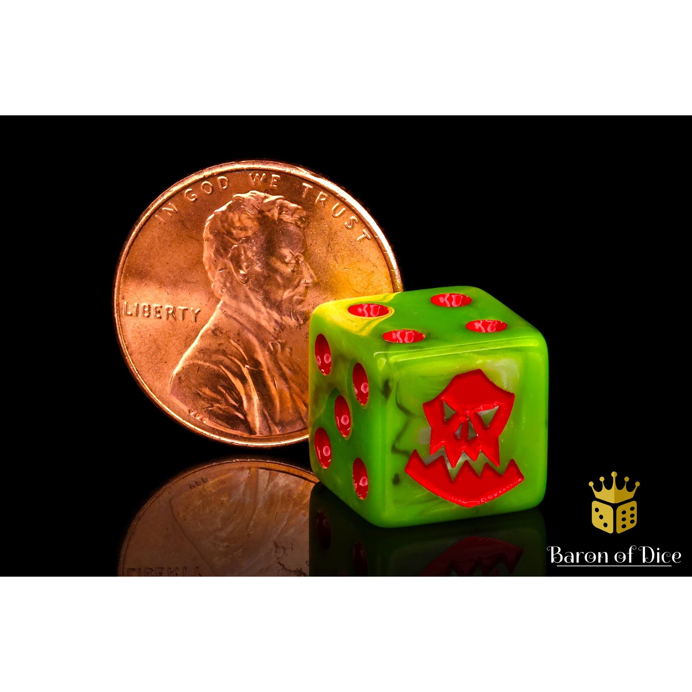 Orc Dice (Red) by Baron of Dice — 16mm resin D6 dice, Orc greens with rocky greys and a bright bloody red inlay (view 3)