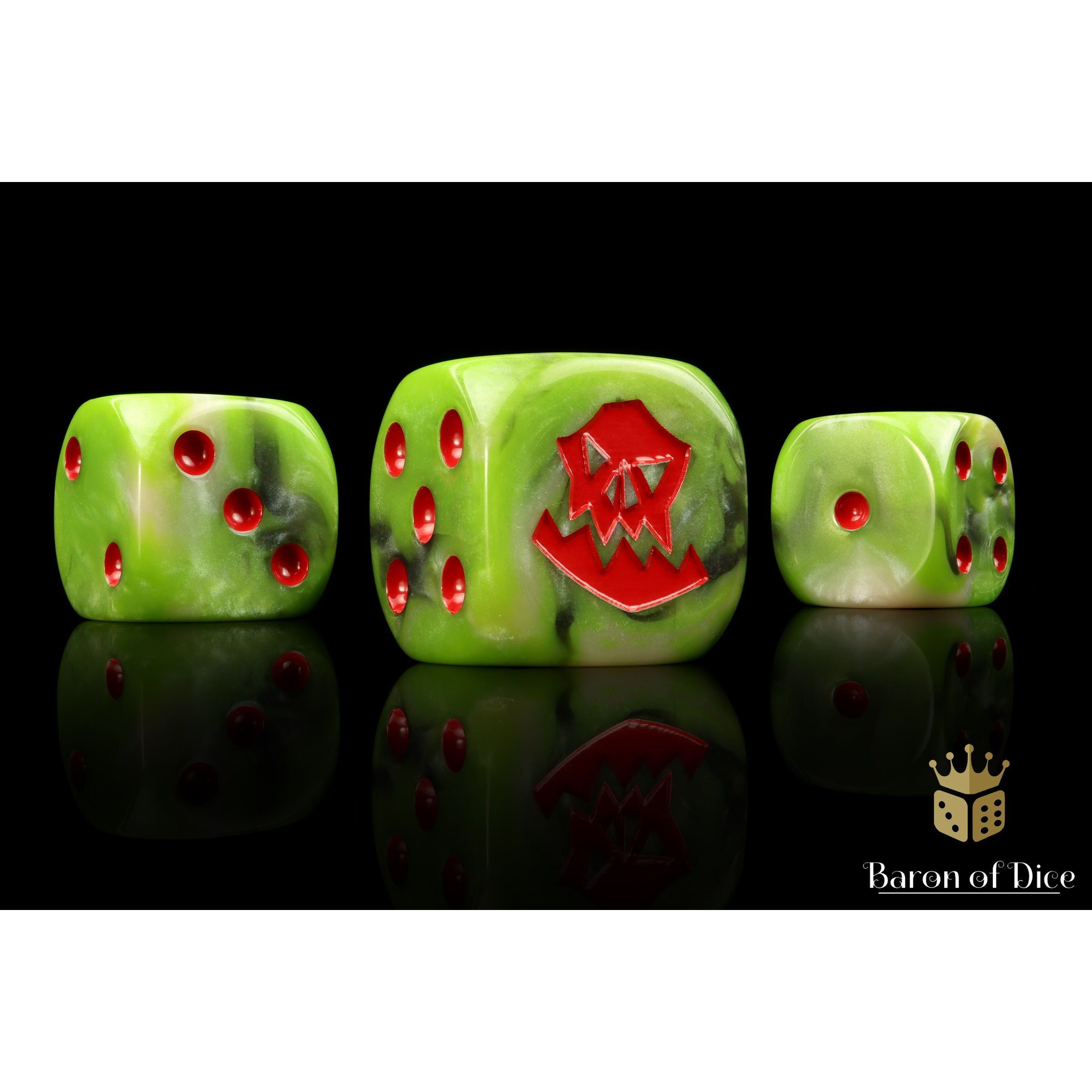 Orc Dice (Red) by Baron of Dice — 16mm resin D6 dice, Orc greens with rocky greys and a bright bloody red inlay (view 5)