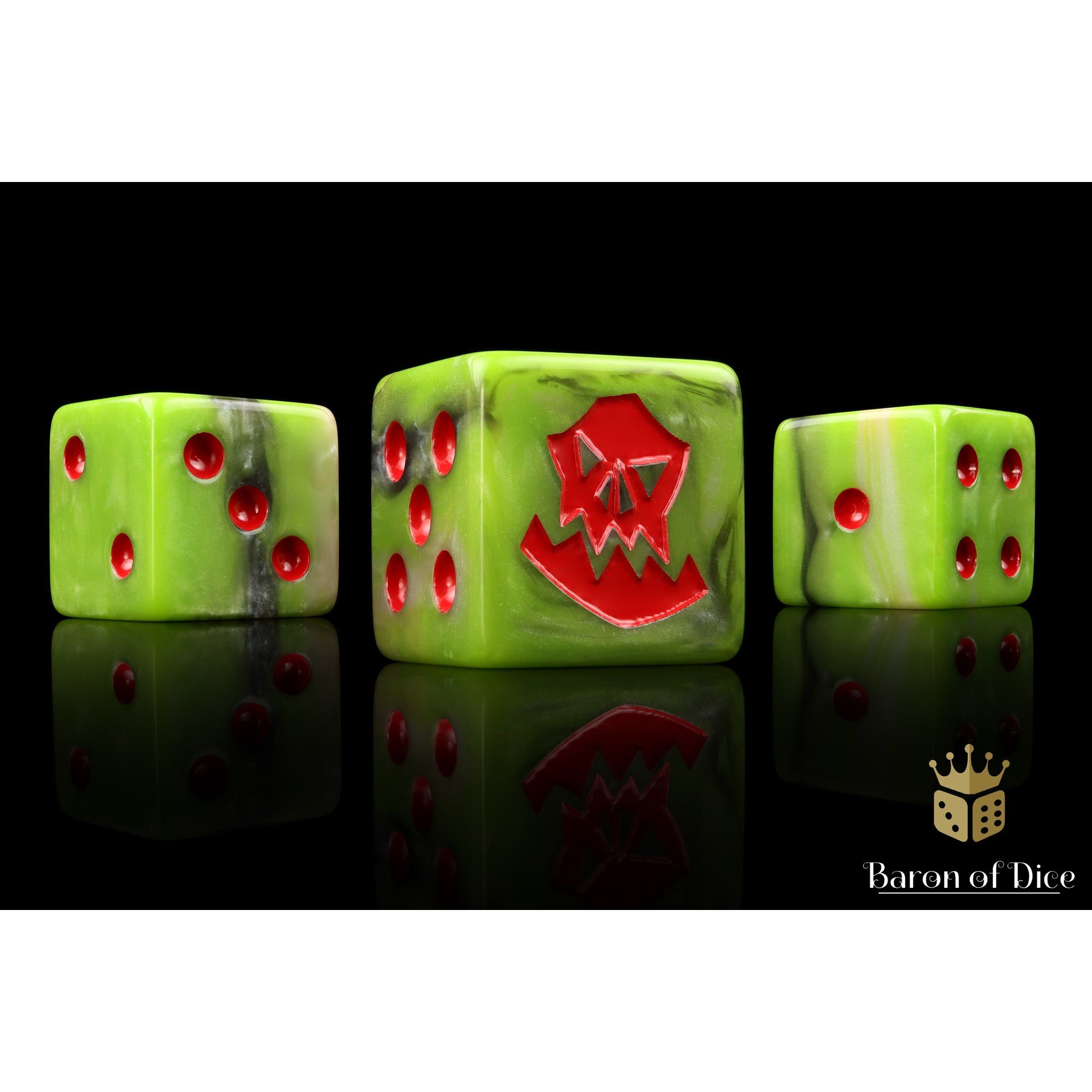 Orc Dice (Red) by Baron of Dice — 16mm resin D6 dice, Orc greens with rocky greys and a bright bloody red inlay (view 6)