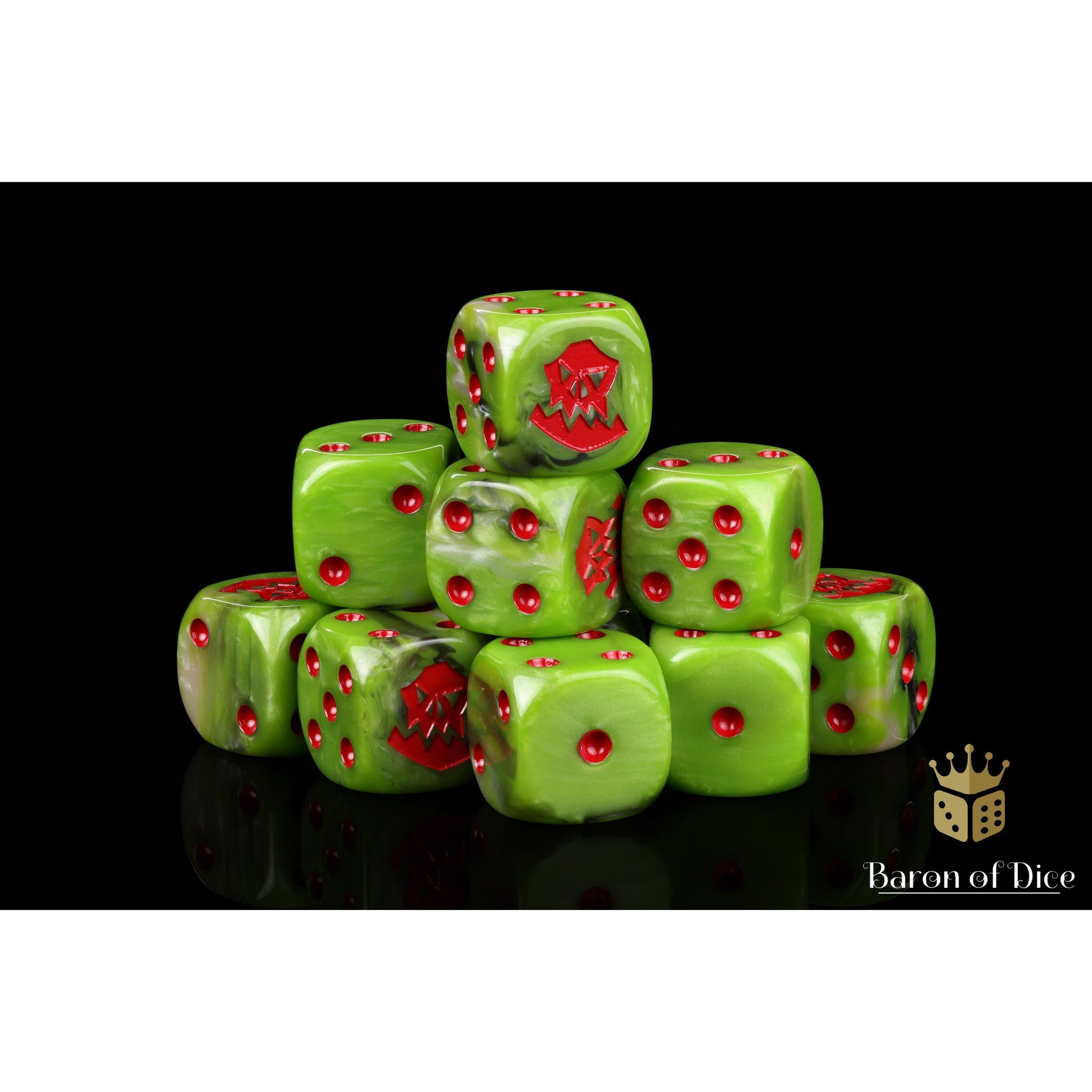 Orc Dice (Red) by Baron of Dice — 16mm resin D6 dice, Orc greens with rocky greys and a bright bloody red inlay (view 7)